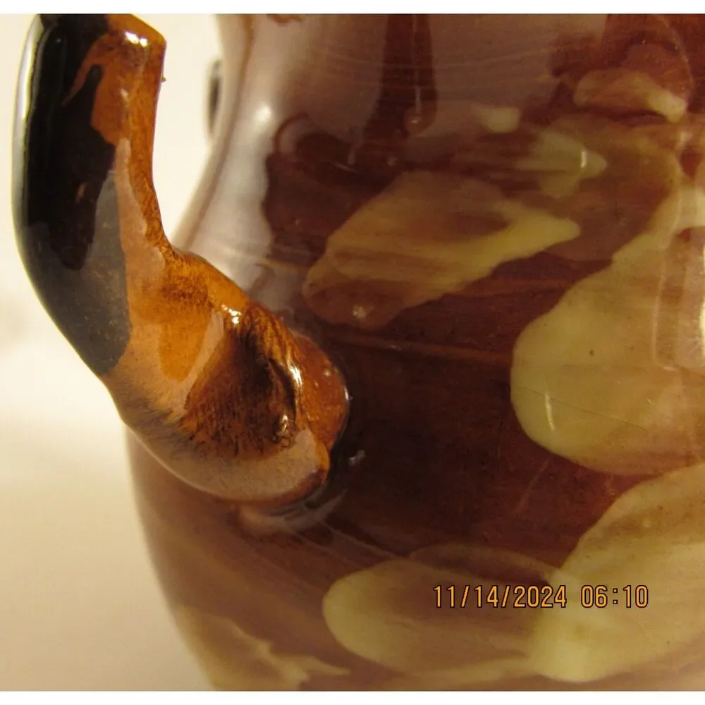 Studio Pottery Creamer brown glazed with flowers artist signed braided handle